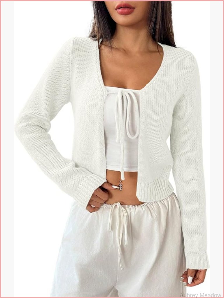 Long Sleeve Tie-Front Cardigan Shrug Sweater V-Neck Lightweight Knit Tops